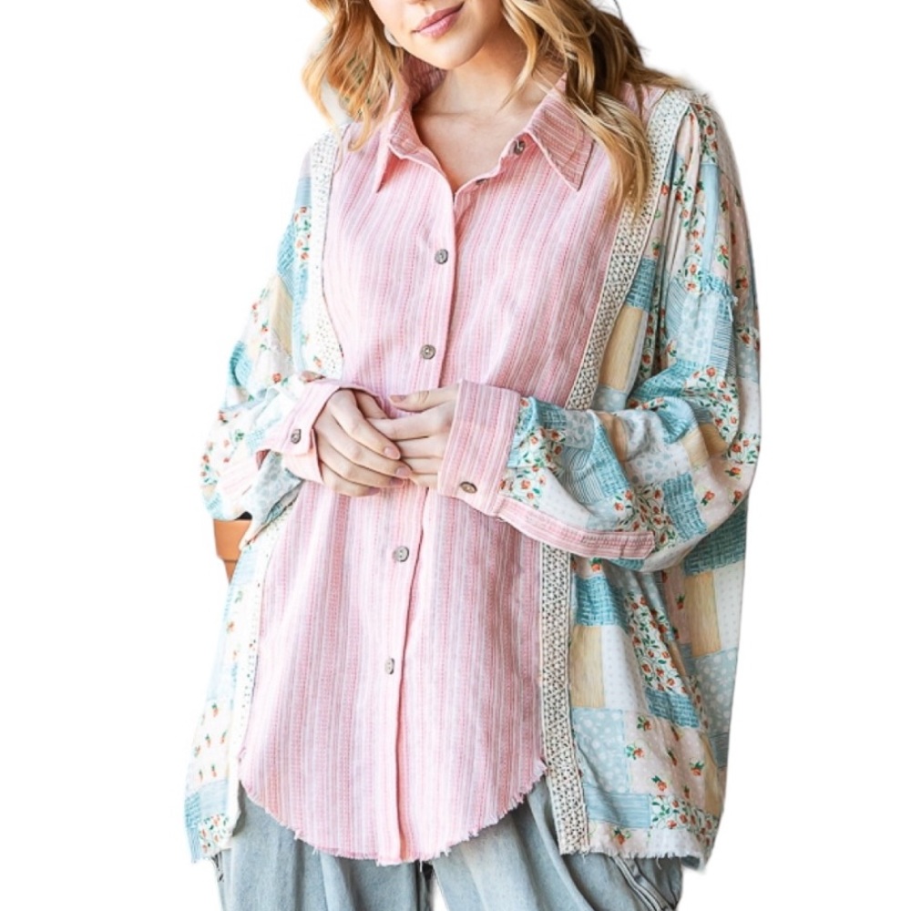 3. Women's Pink Mixed Fabric Longe Sleeve Button Up Top NWOT